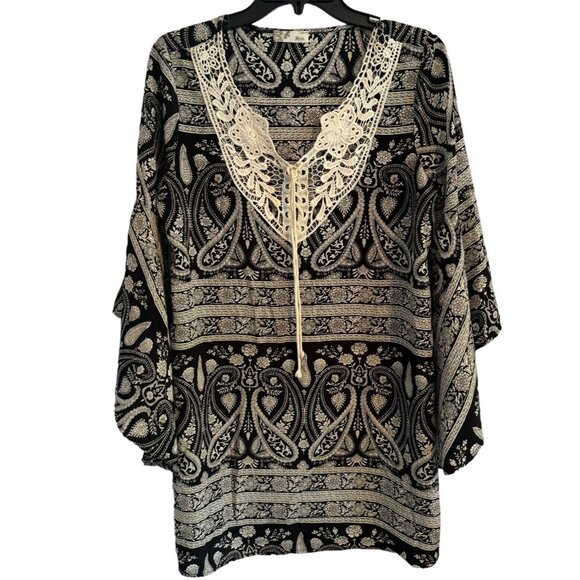 Min Tunic Size Medium Black Multi Lace Embellished Women Tunic Top Blouse - Picture 1 of 12